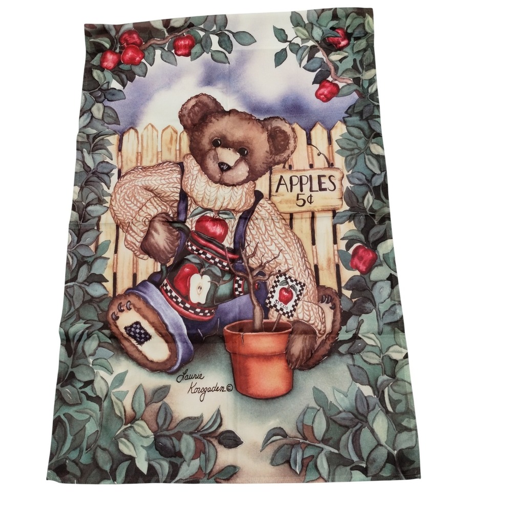 Laurie Korgaden Apple Teddy Bear Garden Flag Country Folk Art 23x36 Vintage‎